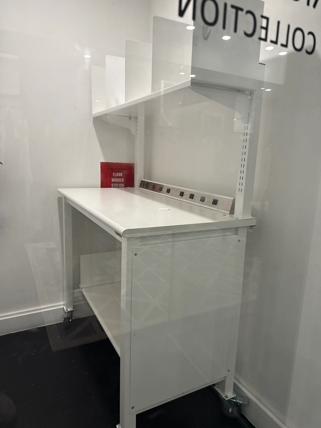 White Workstation with Shelving and Power Strip