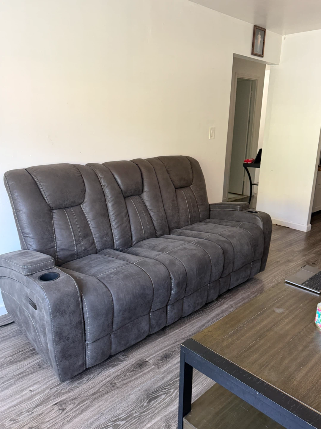 Gray Reclining Sofa with Cup Holders