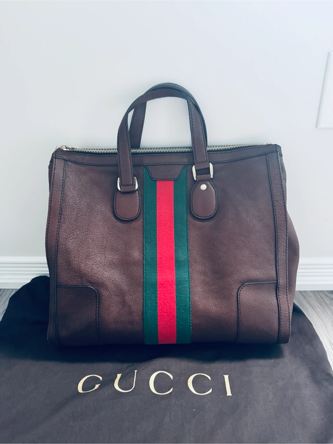 Gucci Brown Leather Tote Bag with Green and Red Stripe