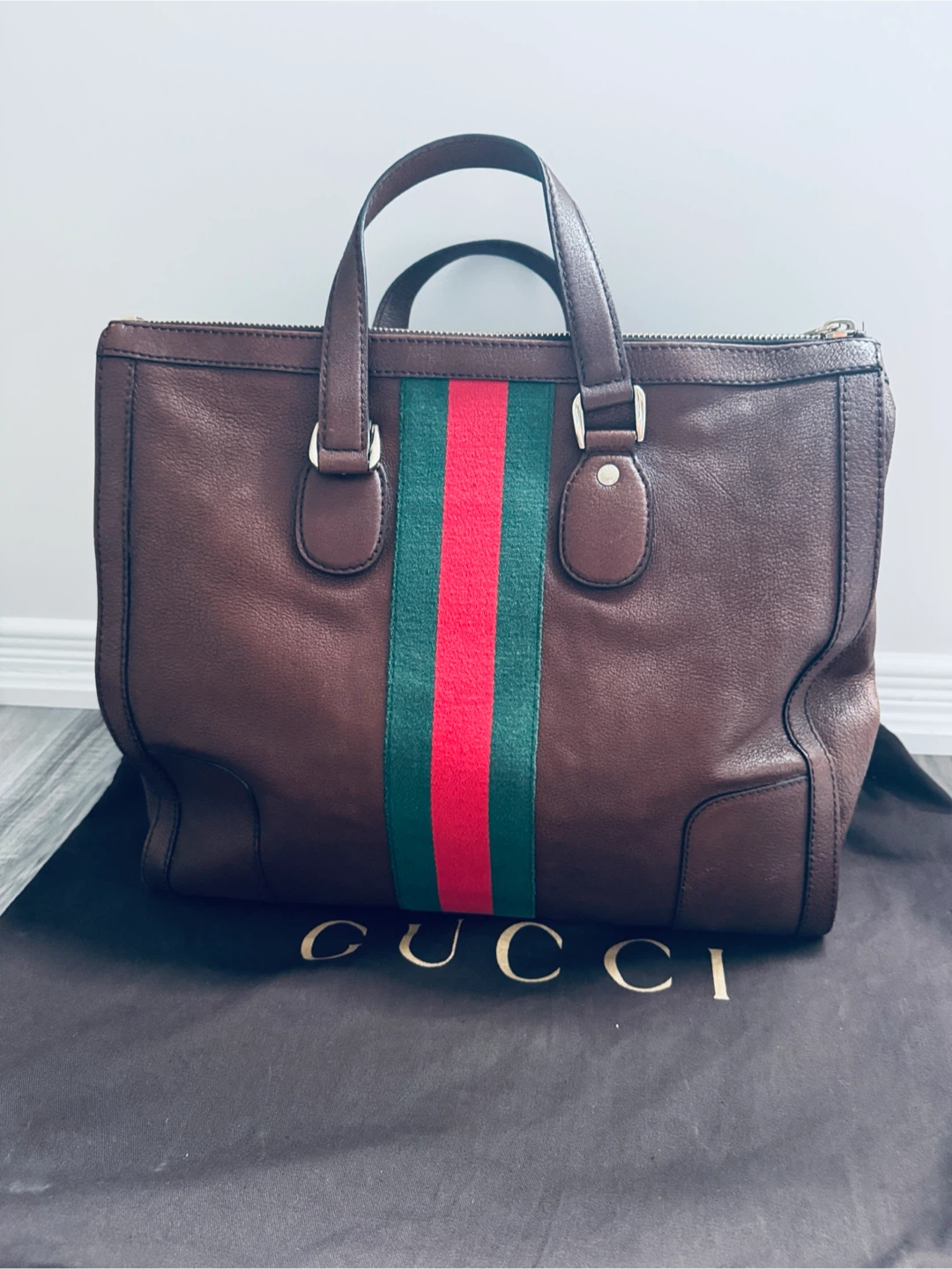 Gucci Brown Leather Tote Bag with Green and Red Stripe - photo 2