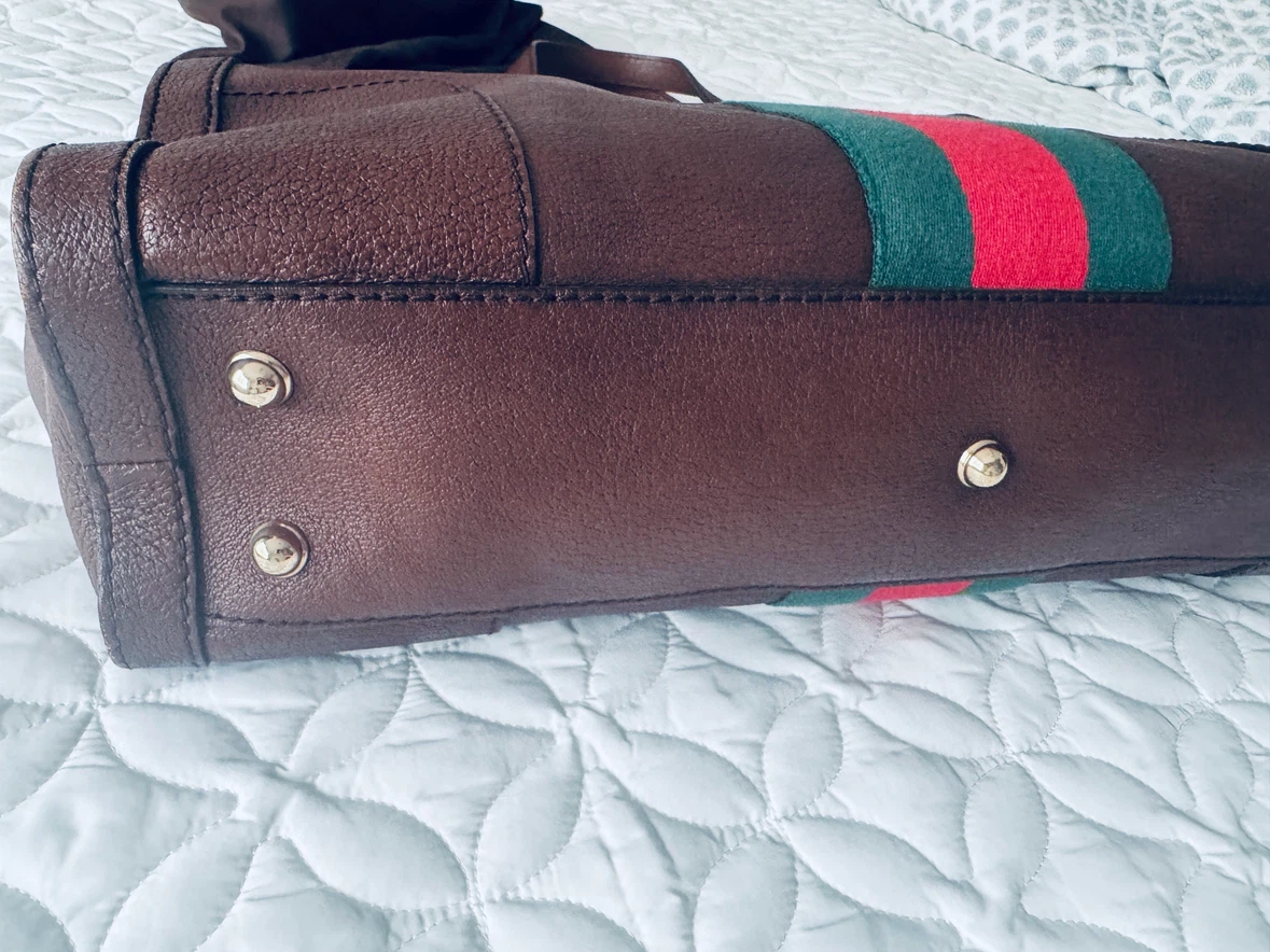 Gucci Brown Leather Tote Bag with Green and Red Stripe - photo 3