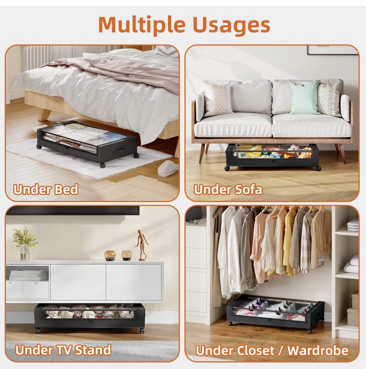 Black Under Bed Storage with Wheels and Lids, Set of 2