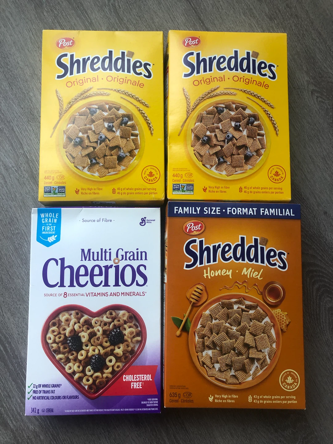 Shreddies Cereal Boxes (3) & Multi Grain Cheerios (1)