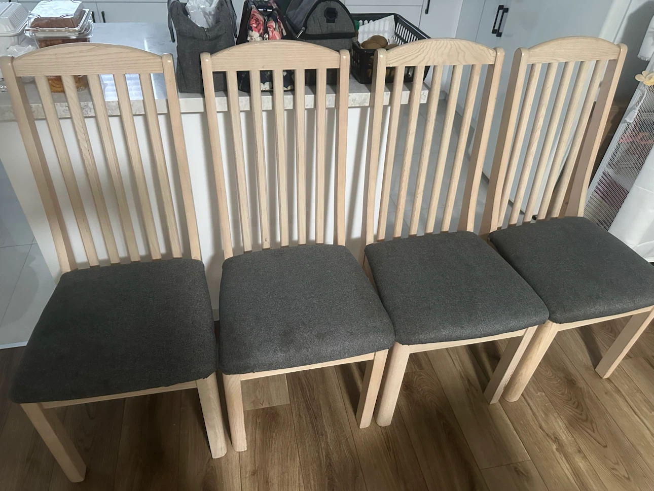 Set of 4 Wooden Dining Chairs with Grey Upholstery
