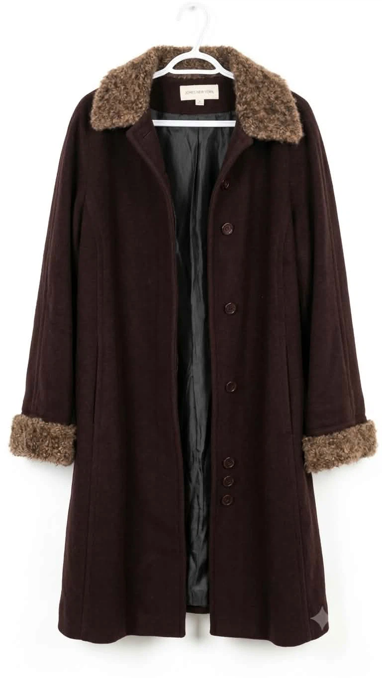 Jones New York Women's Brown Coat with Fur Trim