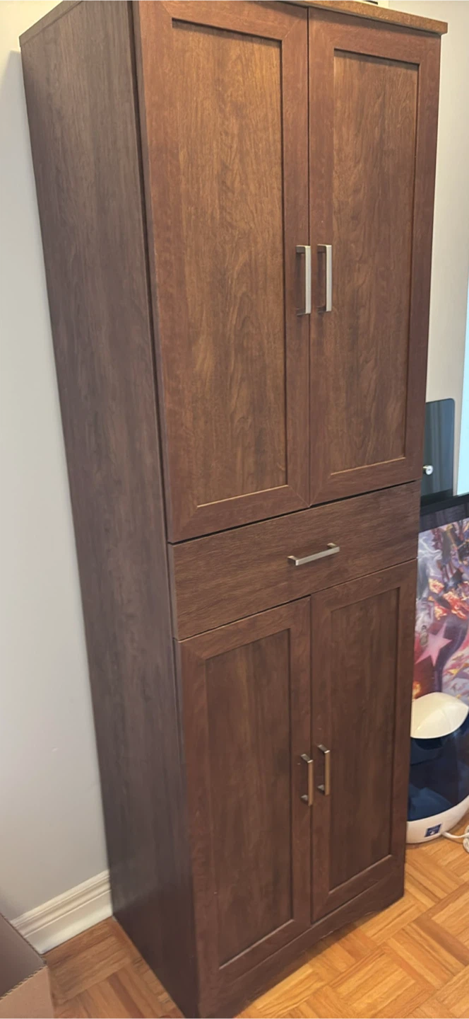 Dark Wood Tall Storage Cabinet with Drawers and Doors