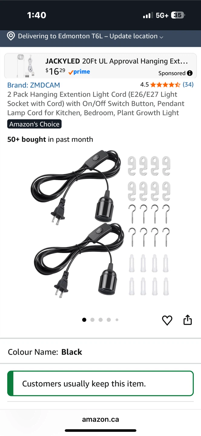 Cable Matters 2 Pack Hanging Lamp Cords - Black