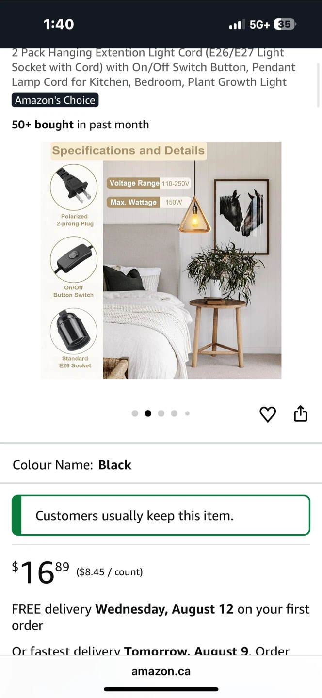Cable Matters 2 Pack Hanging Lamp Cords - Black - photo 2