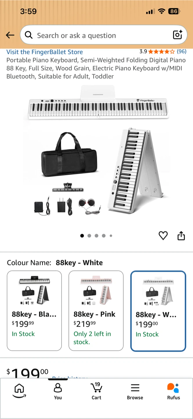 FingerBallet 88 Key Portable Digital Piano Keyboard - White