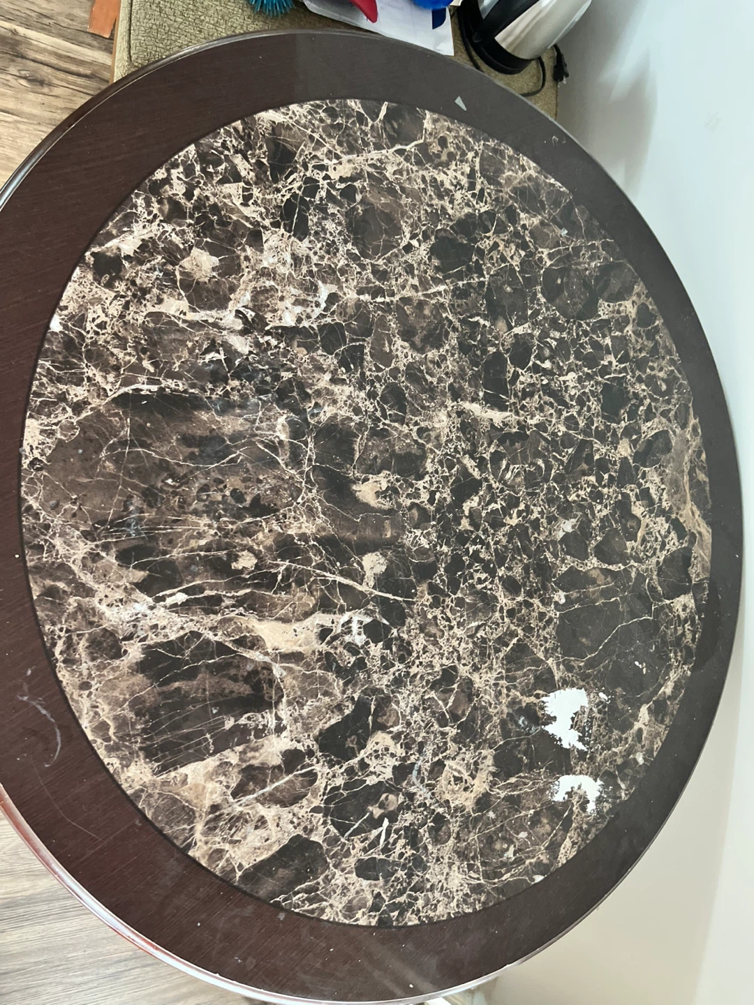 Move out sale !Marble Top Round Dining Table with Dark Wood Base