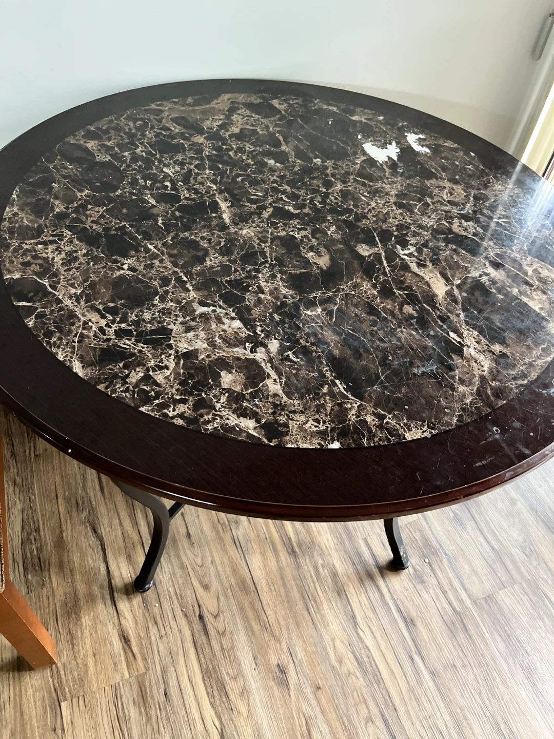 Move out sale !Marble Top Round Dining Table with Dark Wood Base - photo 3