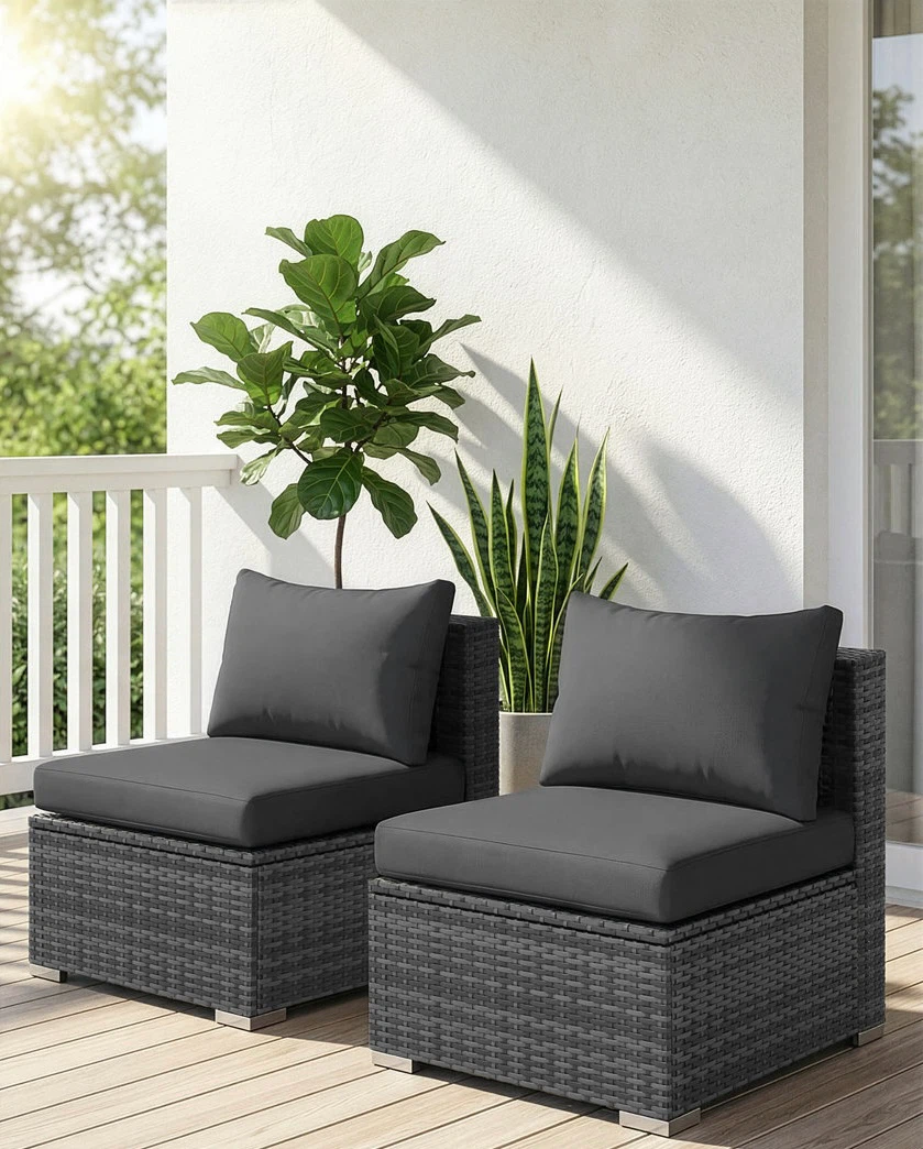 Set of 2 Dark Grey Rattan Armless Outdoor Chairs
