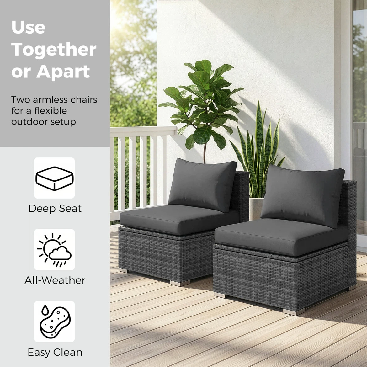 Set of 2 Dark Grey Rattan Armless Outdoor Chairs - photo 4