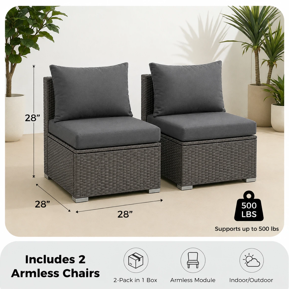 Set of 2 Dark Grey Rattan Armless Outdoor Chairs - photo 5