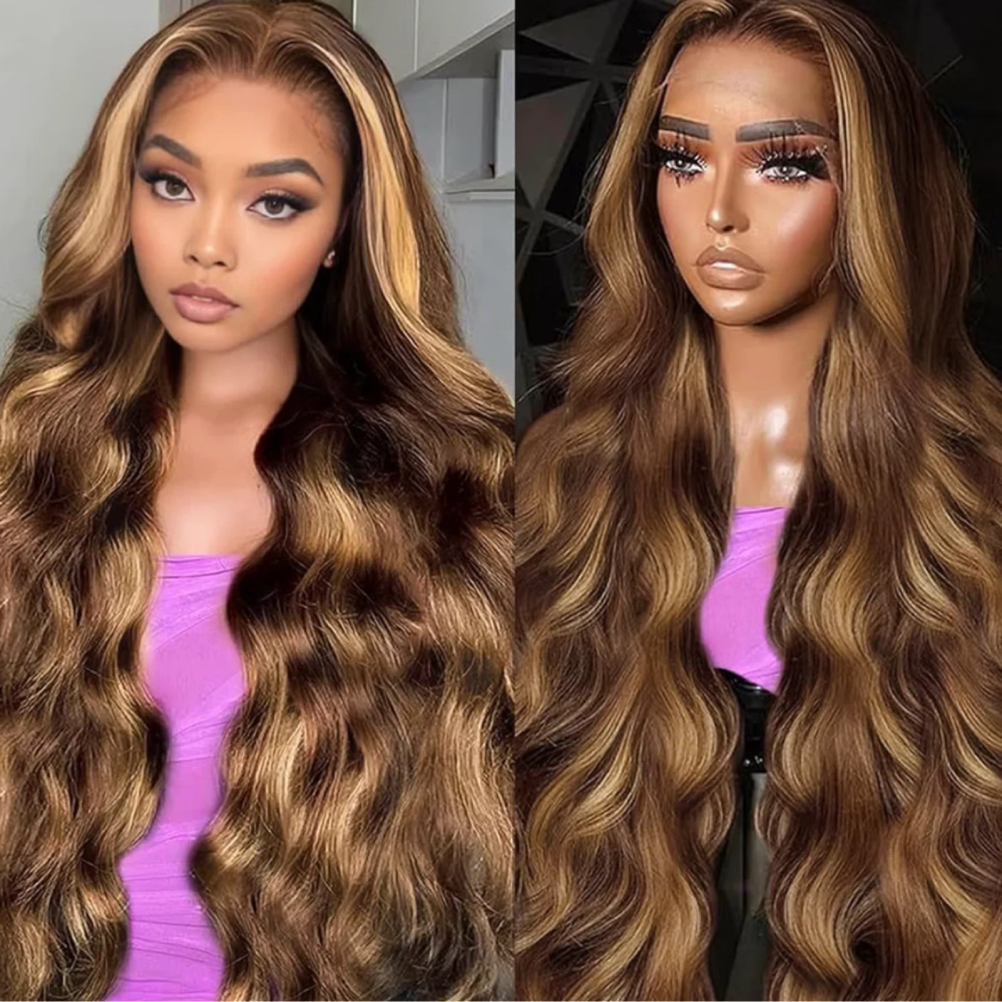 Brown Wig with Blonde Highlights - Wavy Lace Front