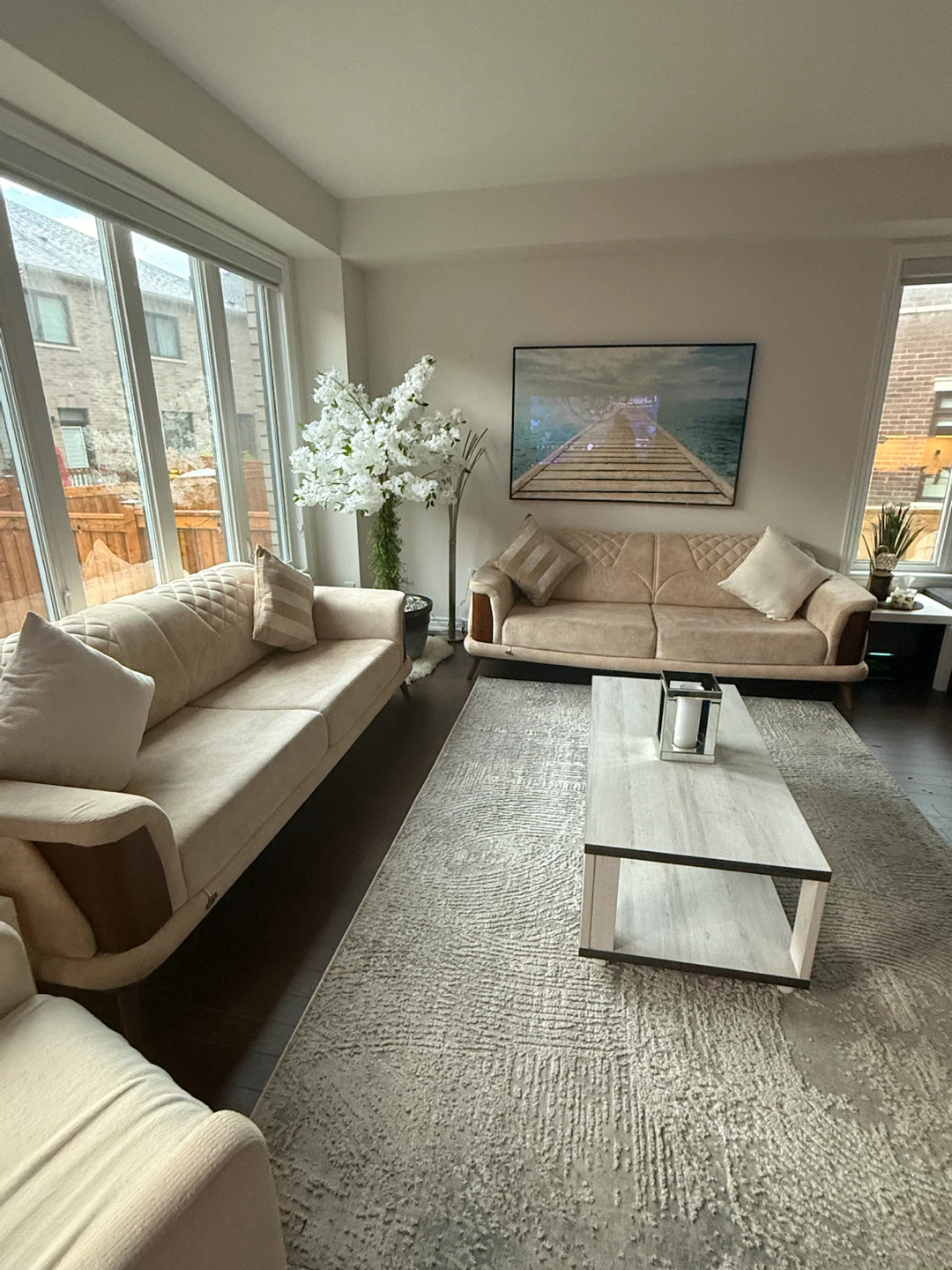 Beige Sofa with Wooden Accents - photo 2