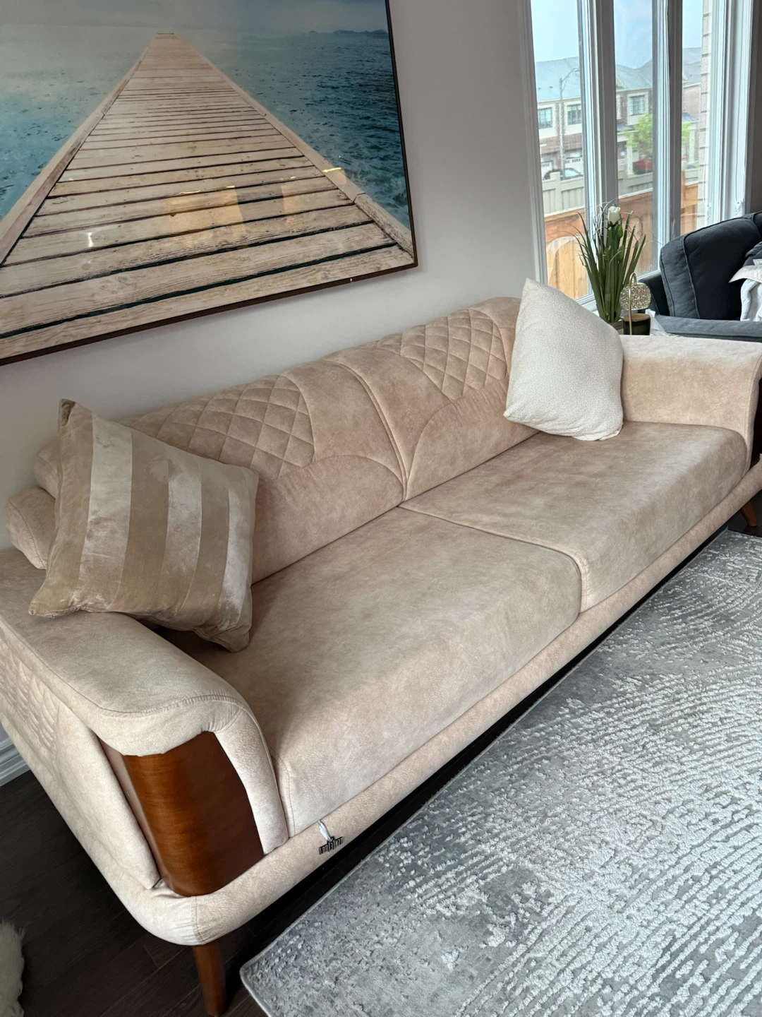 Beige Sofa with Wooden Accents - photo 4