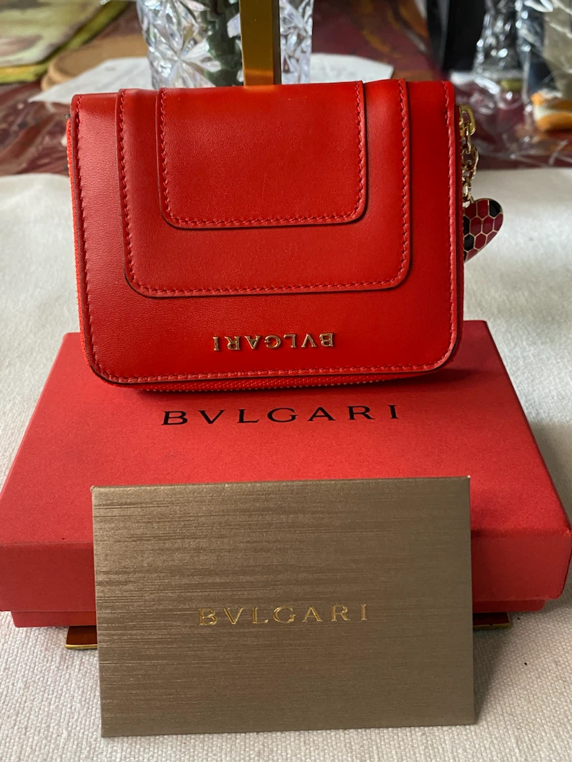 BVLGARI Red Leather Bi-Fold Wallet with Serpenti Charm