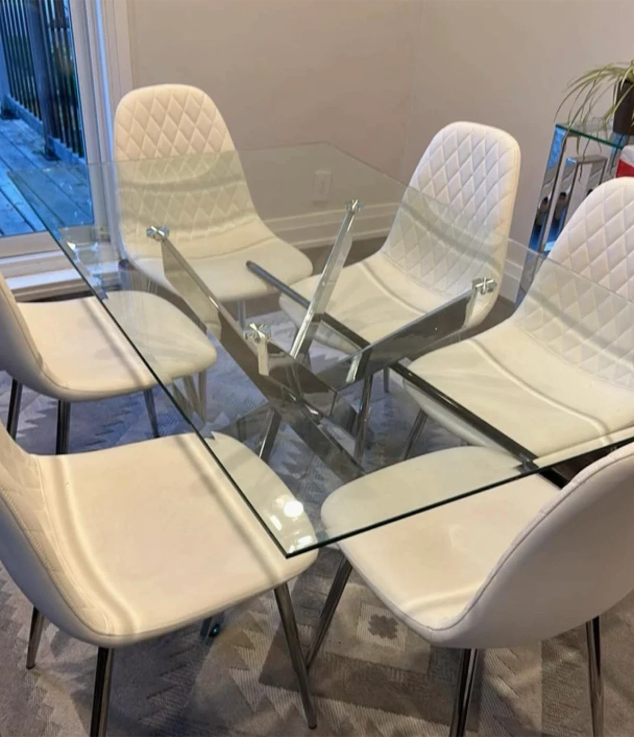 Glass Dining Table with 4 White Chairs