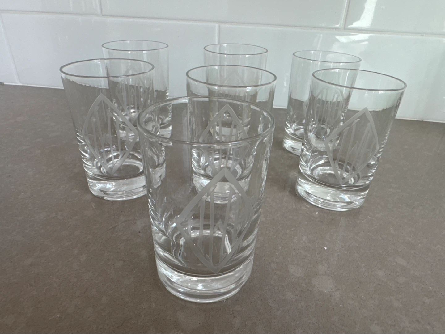 Set of 7 Clear Glass Tumblers with Etched Design