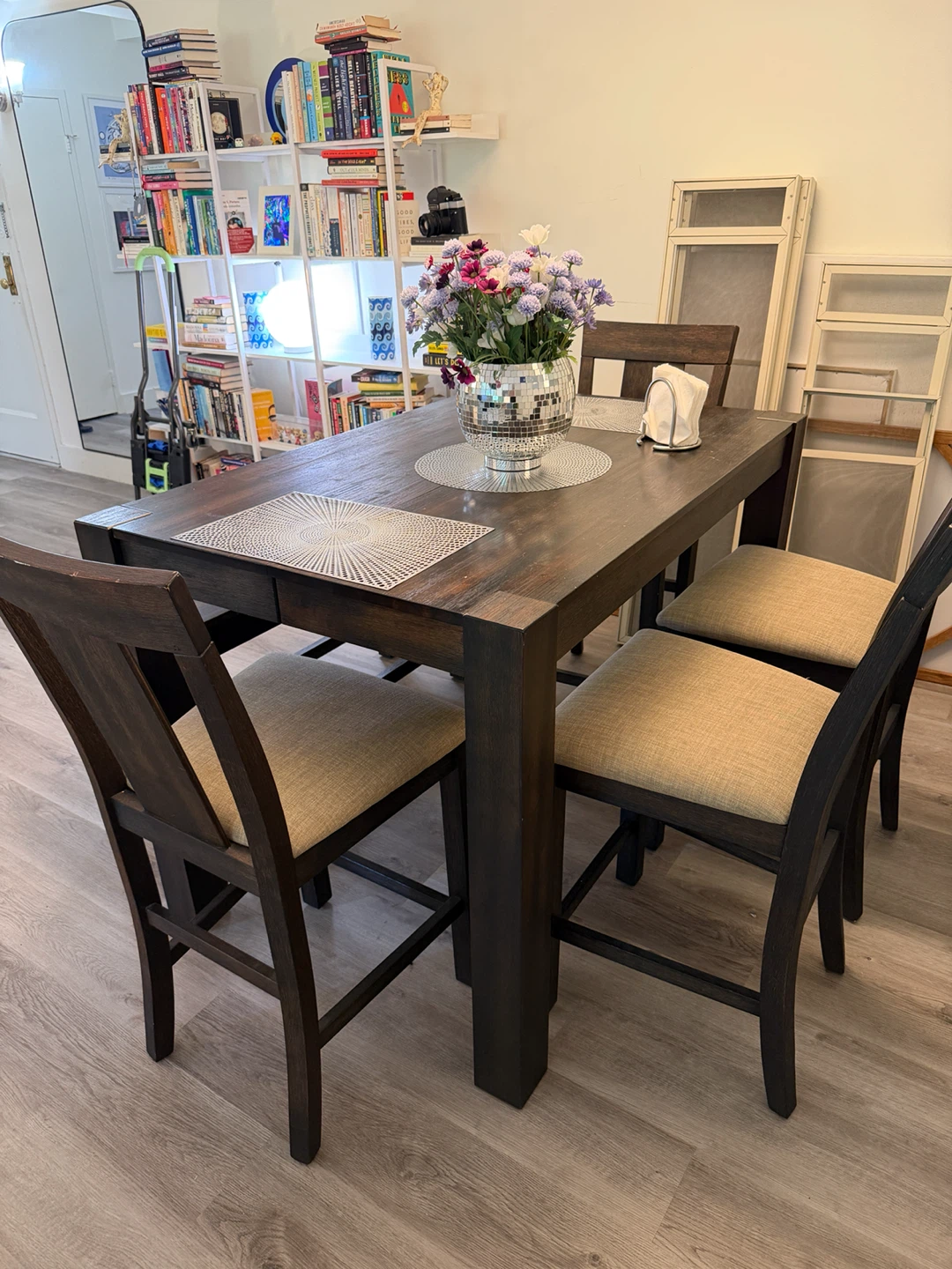 Dark Wood Dining Table Set with 4 Chairs and Bench