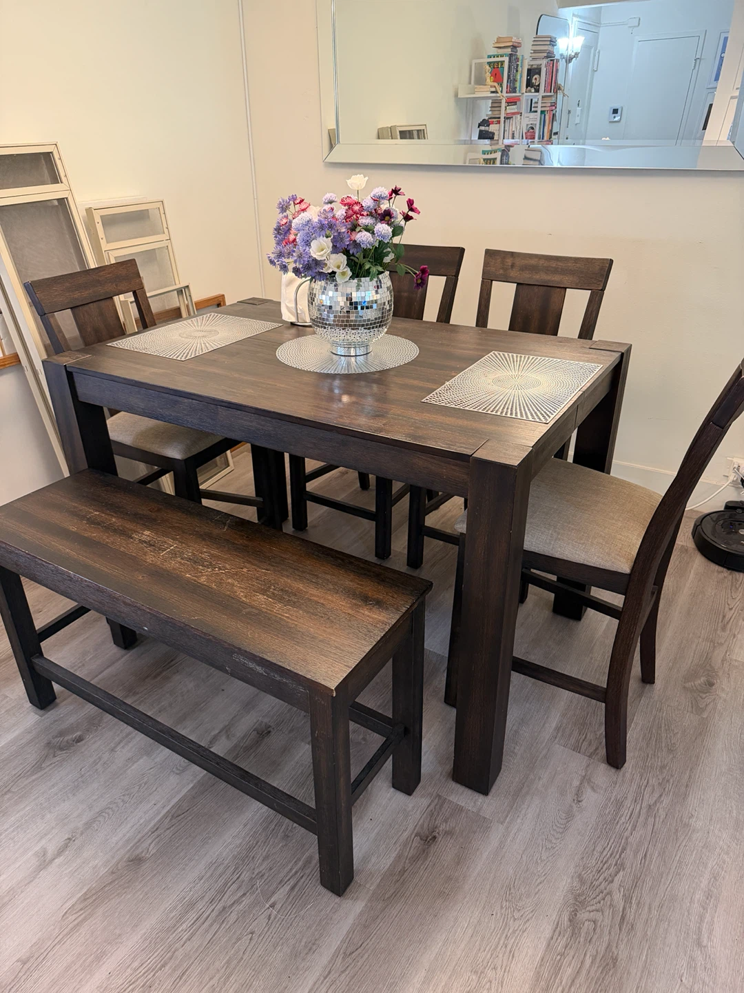 Dark Wood Dining Table Set with 4 Chairs and Bench - photo 2