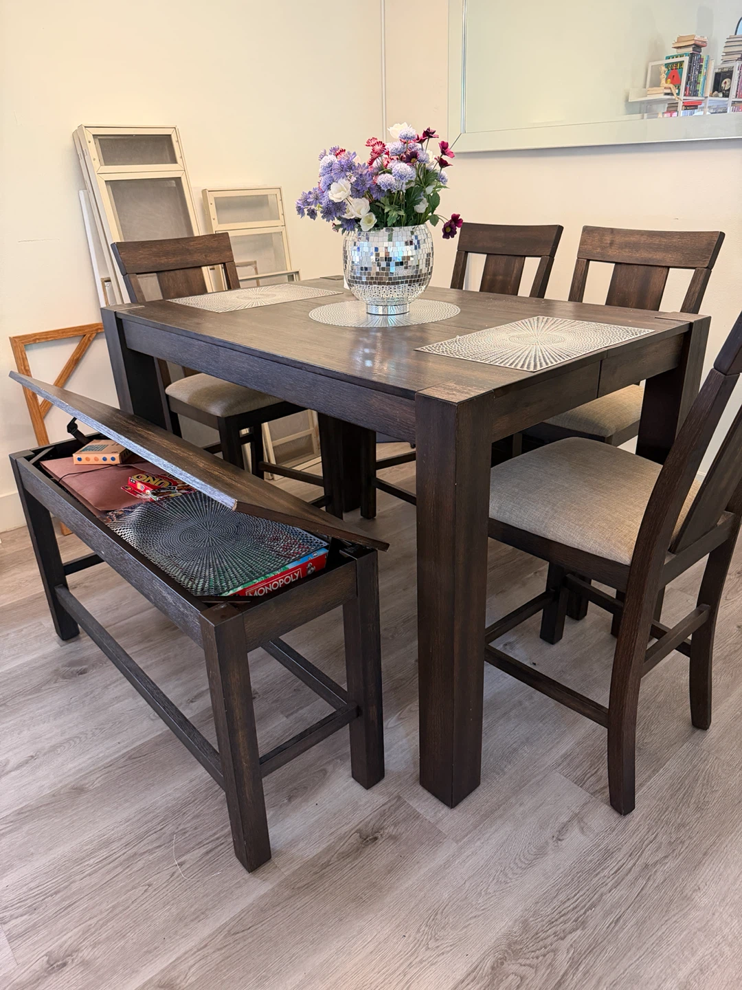 Dark Wood Dining Table Set with 4 Chairs and Bench - photo 3