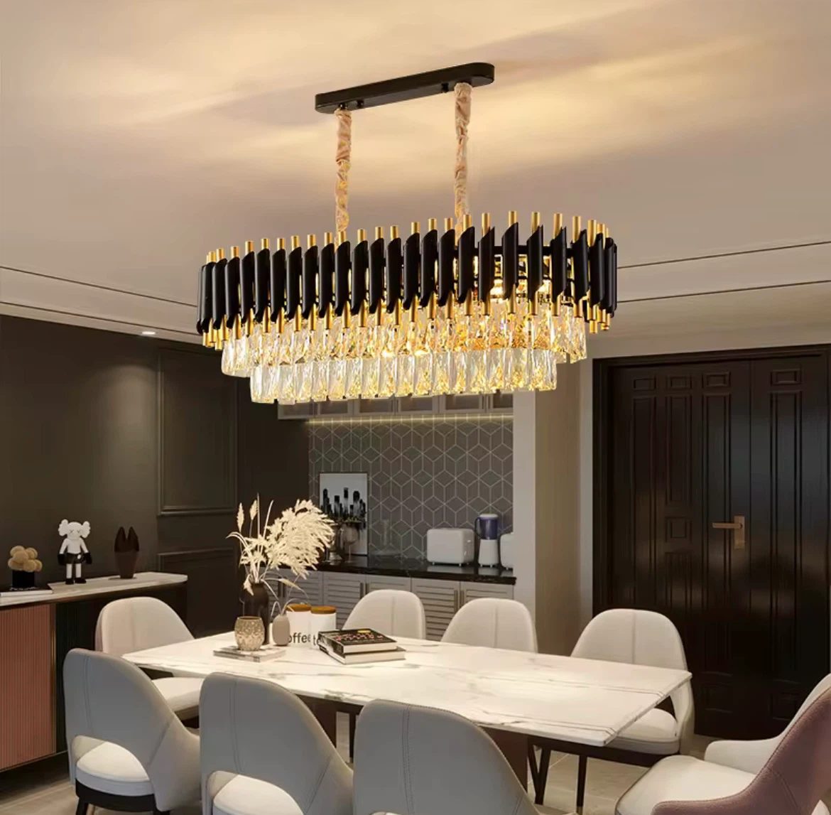 Modern Chandelier Black & Gold Crystal Pendant Light Fixture