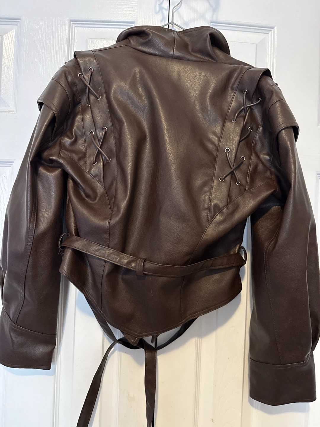 Brown Faux Leather Jacket with Lacing Detail - photo 2