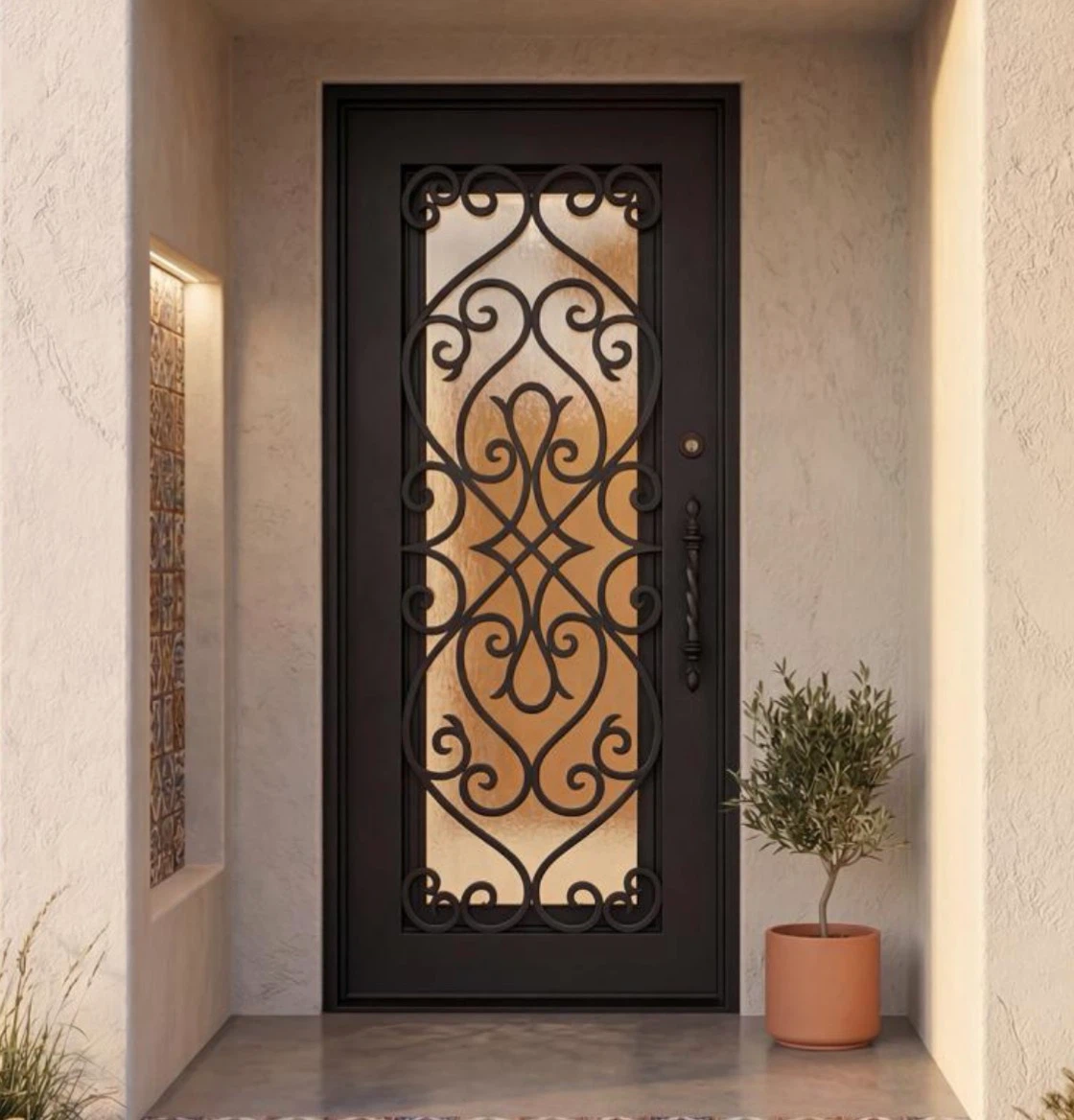 Wrought Iron Entry Door with Decorative Glass