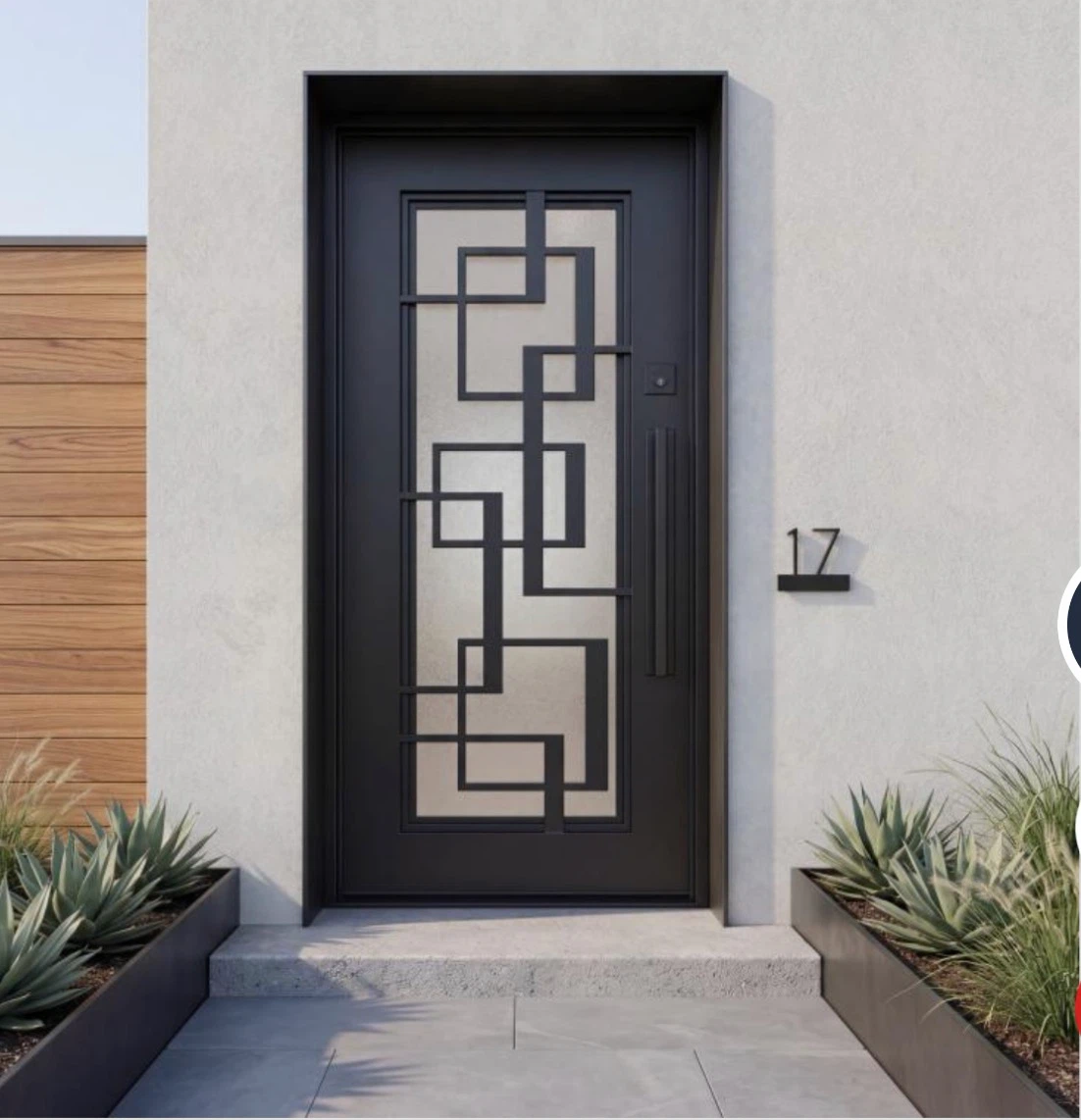 Modern Black wrough  iron Front Door with Geometric Glass Insert