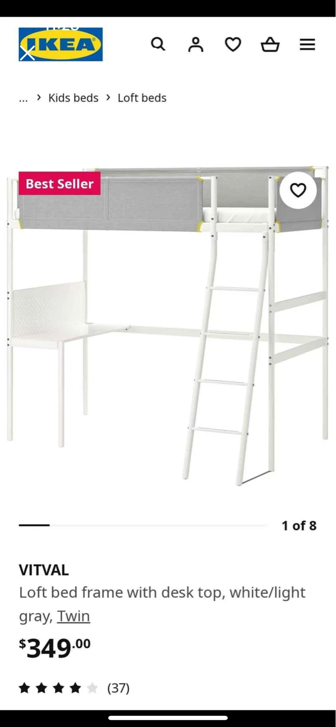 IKEA VITVAL Loft bed frame with desk top - Twin - photo 2