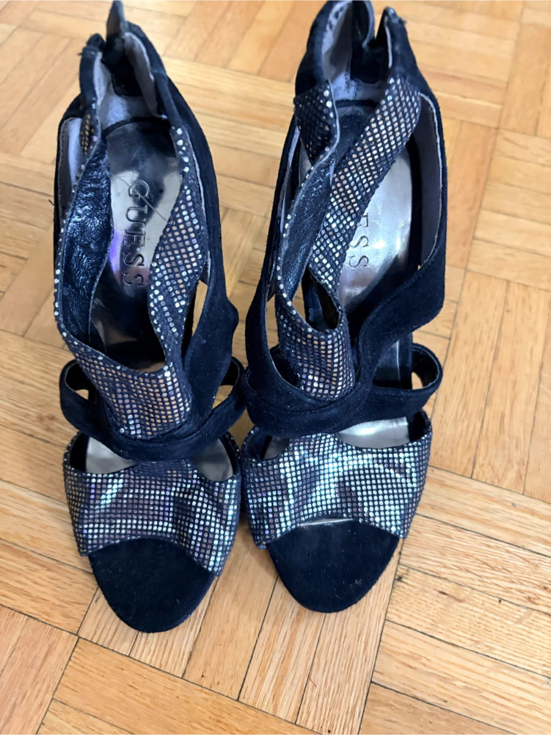 Black GUESS Heels with Silver Embellishments