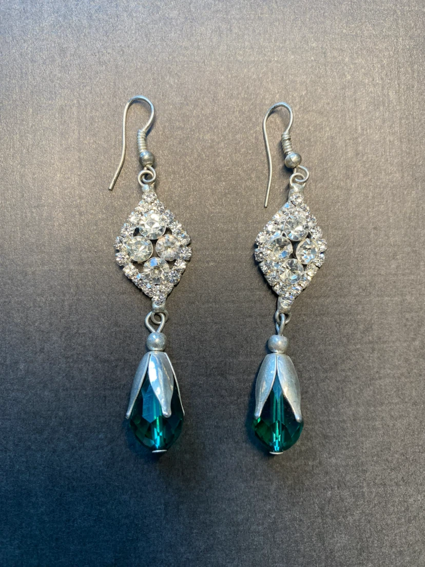 Rhinestone Dangle Earrings with Teal Pendants
