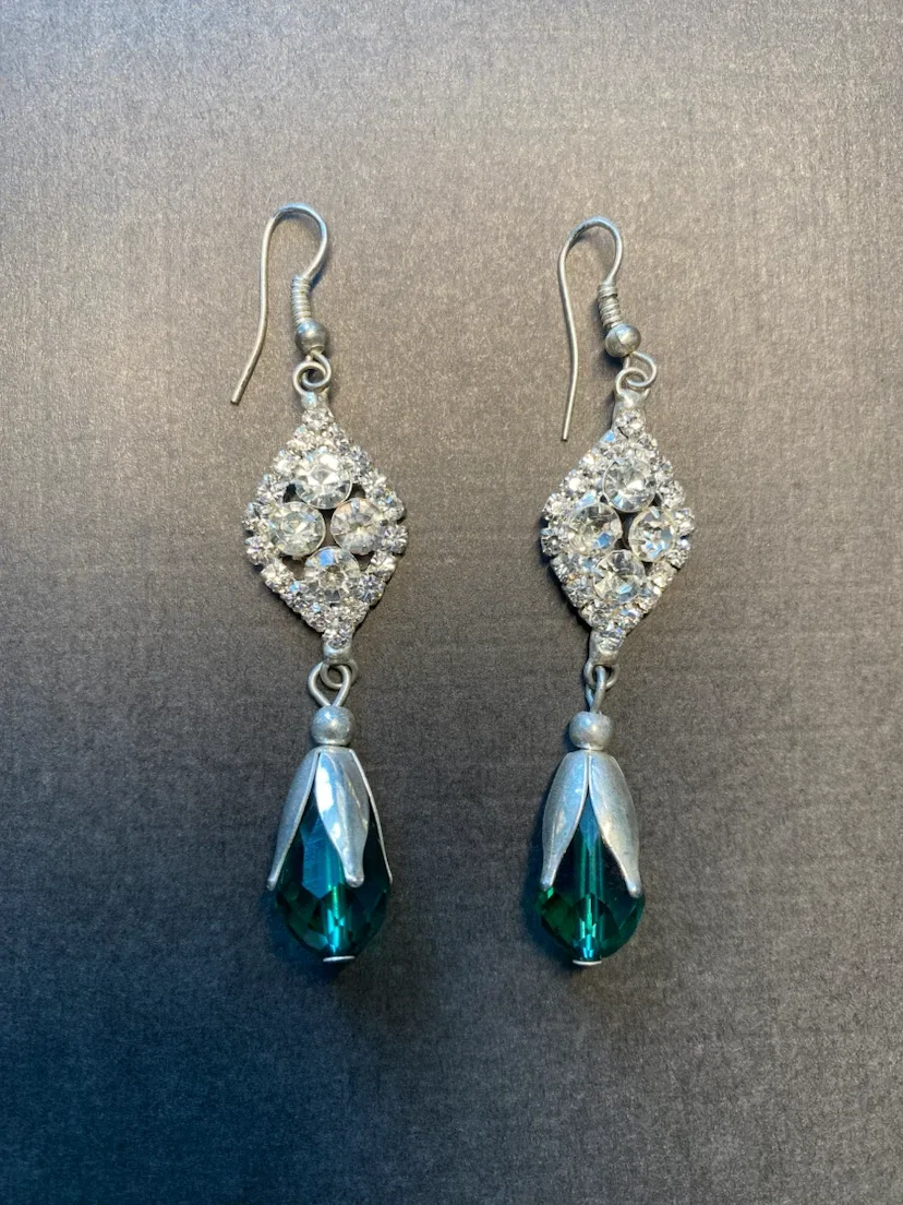 Rhinestone Dangle Earrings with Teal Pendants