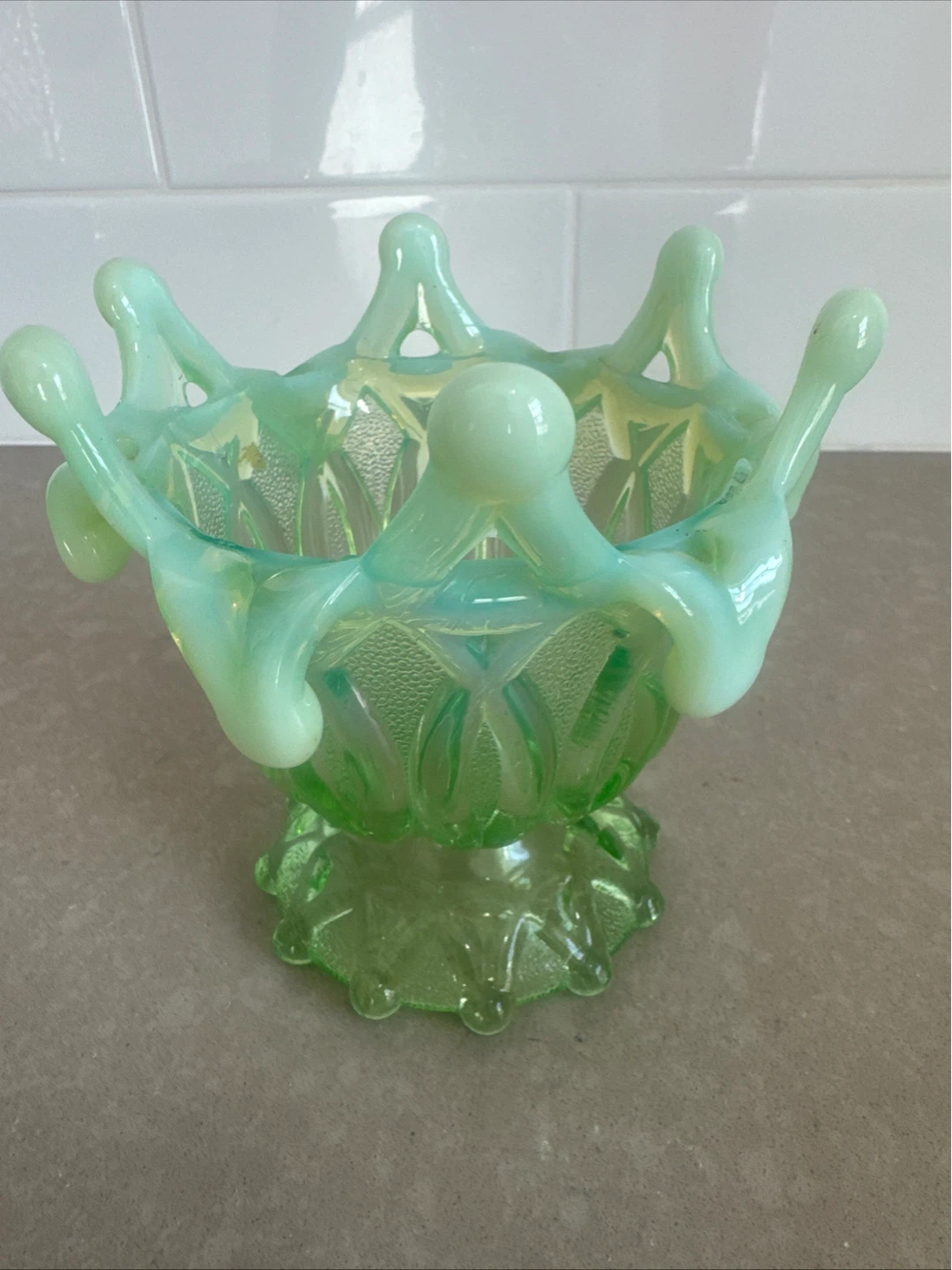 Northwood opalescent green glass spooner ruffled rim. 1900-1915