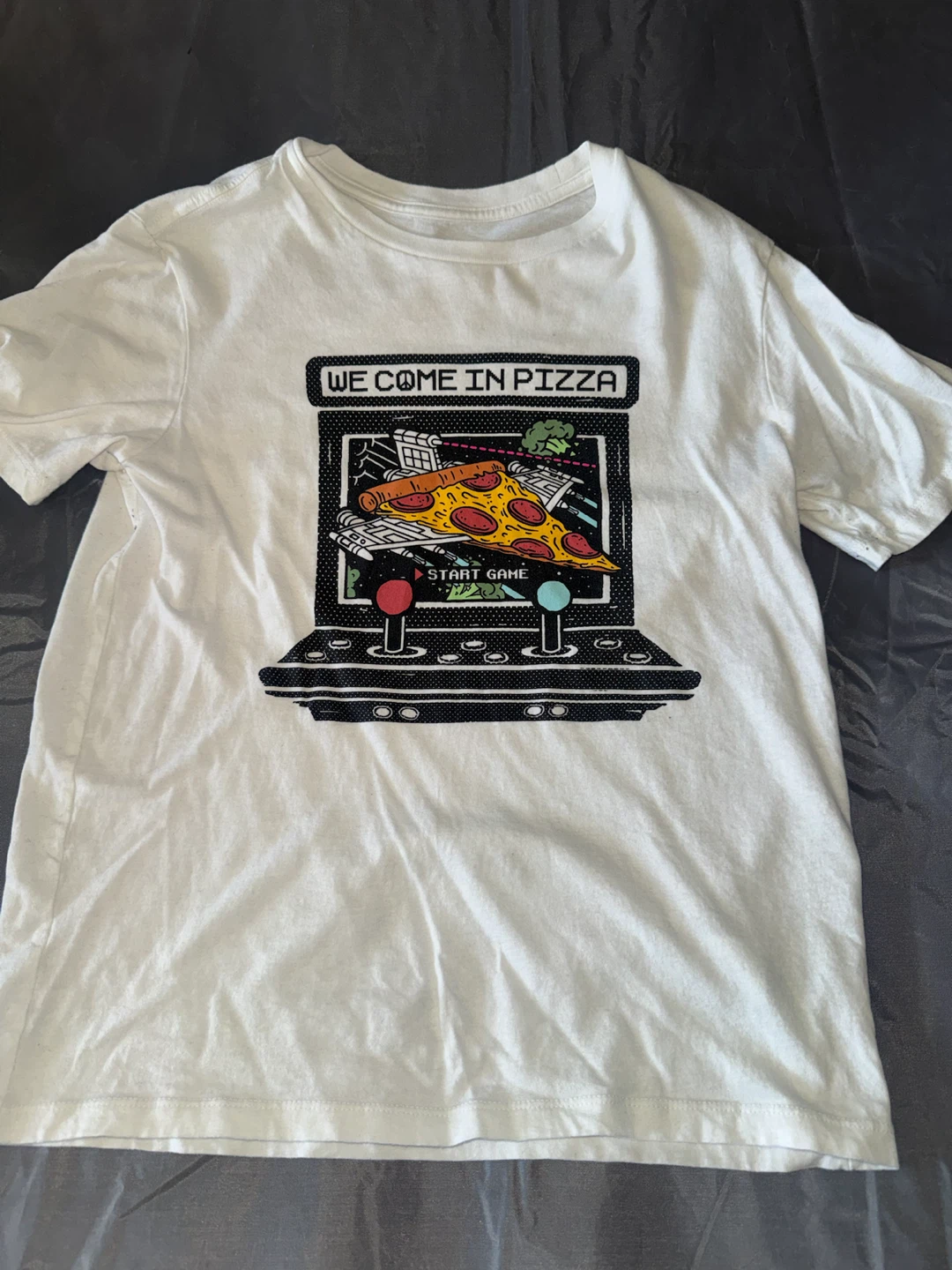 White T-Shirt with Pizza Arcade Graphic