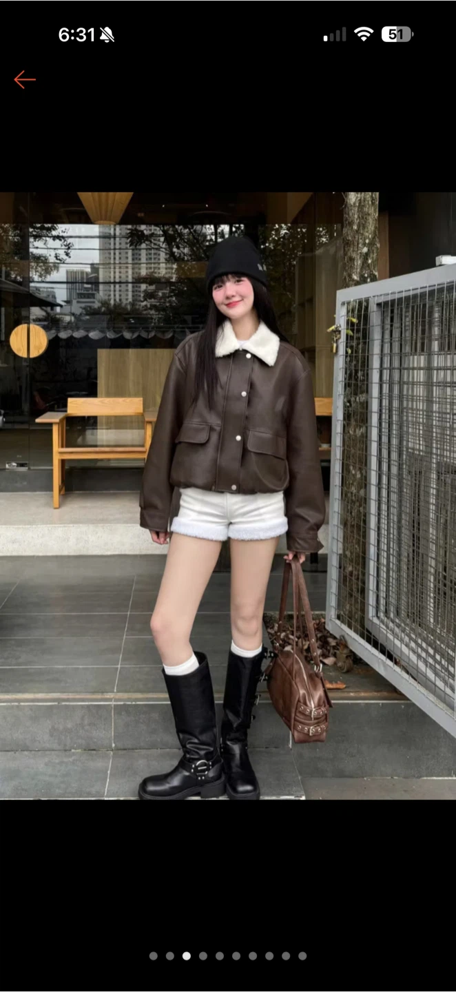 Brown Faux Leather Bomber Jacket with White Sherpa Collar