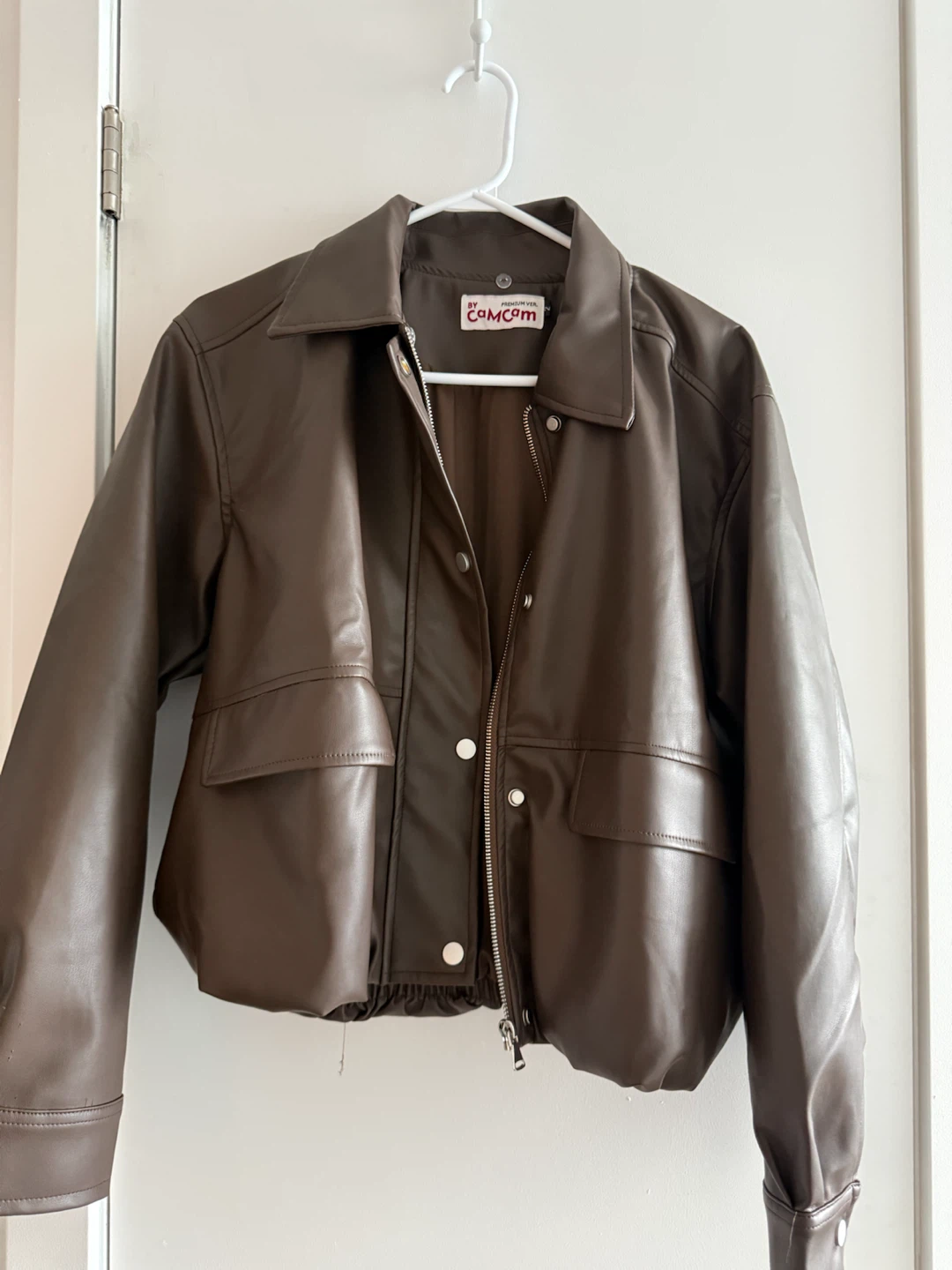 Brown Faux Leather Bomber Jacket with White Sherpa Collar - photo 2