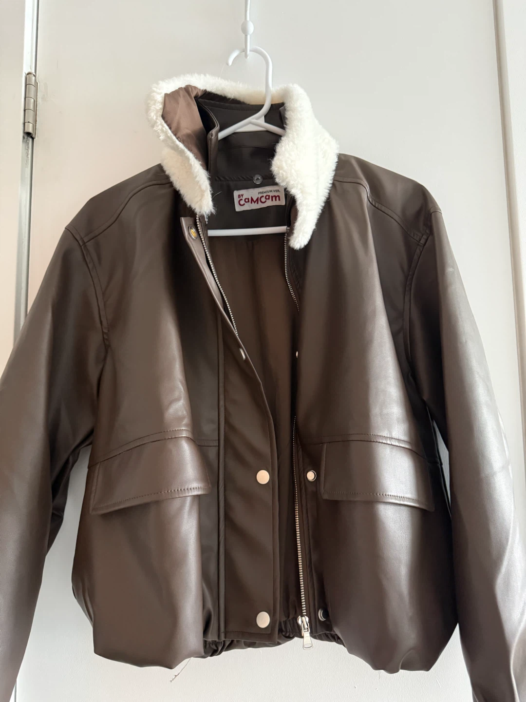 Brown Faux Leather Bomber Jacket with White Sherpa Collar - photo 3