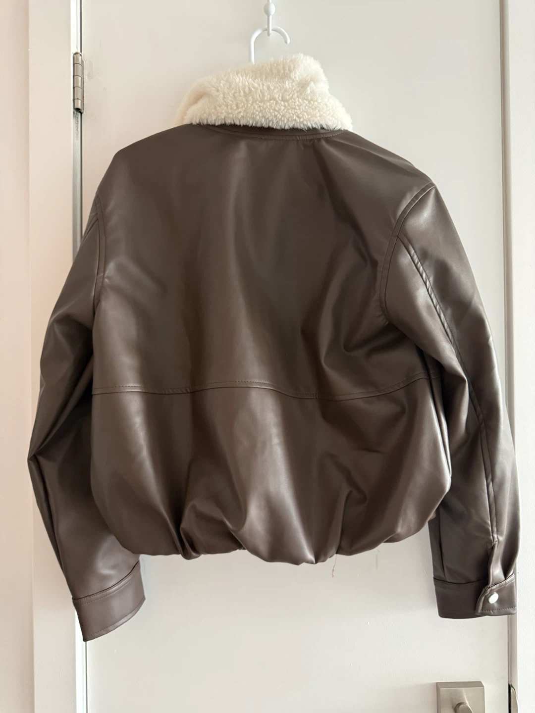Brown Faux Leather Bomber Jacket with White Sherpa Collar - photo 4