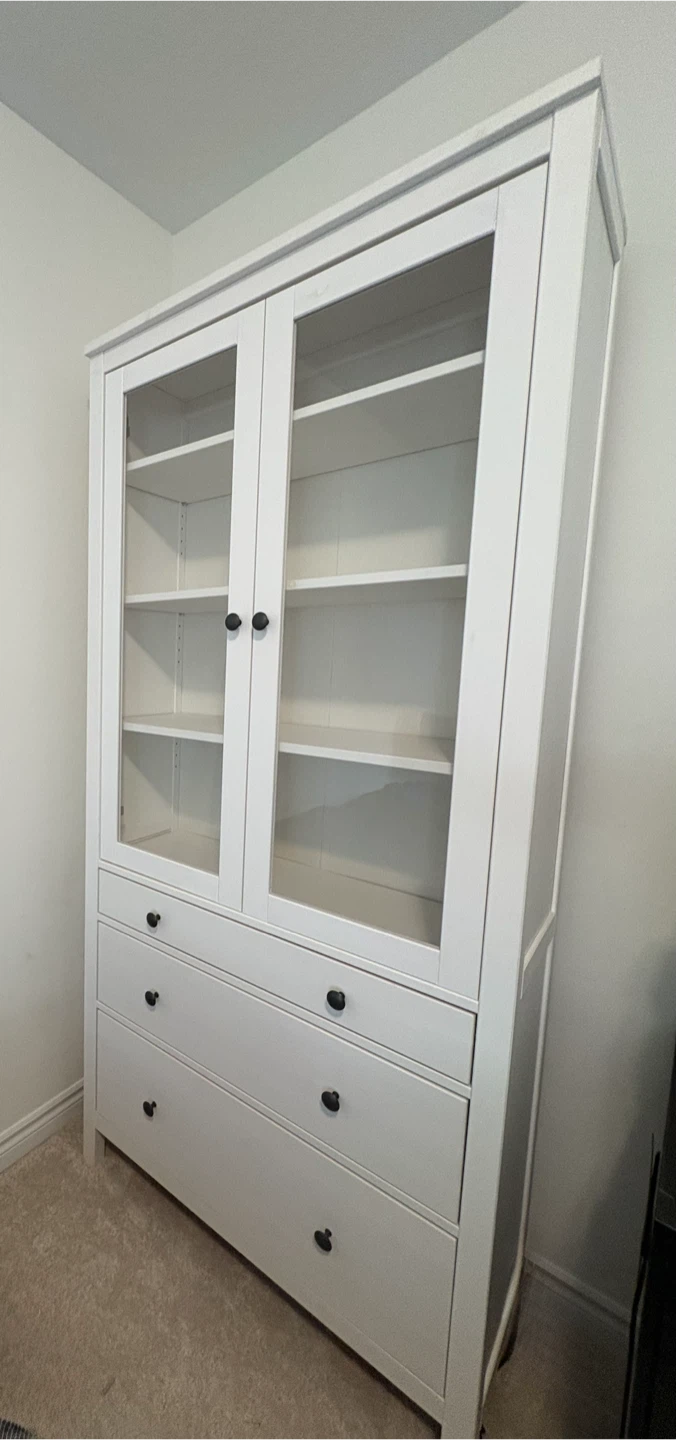IKEA HEMNES Glass-door cabinet with 3 drawers, white stain,