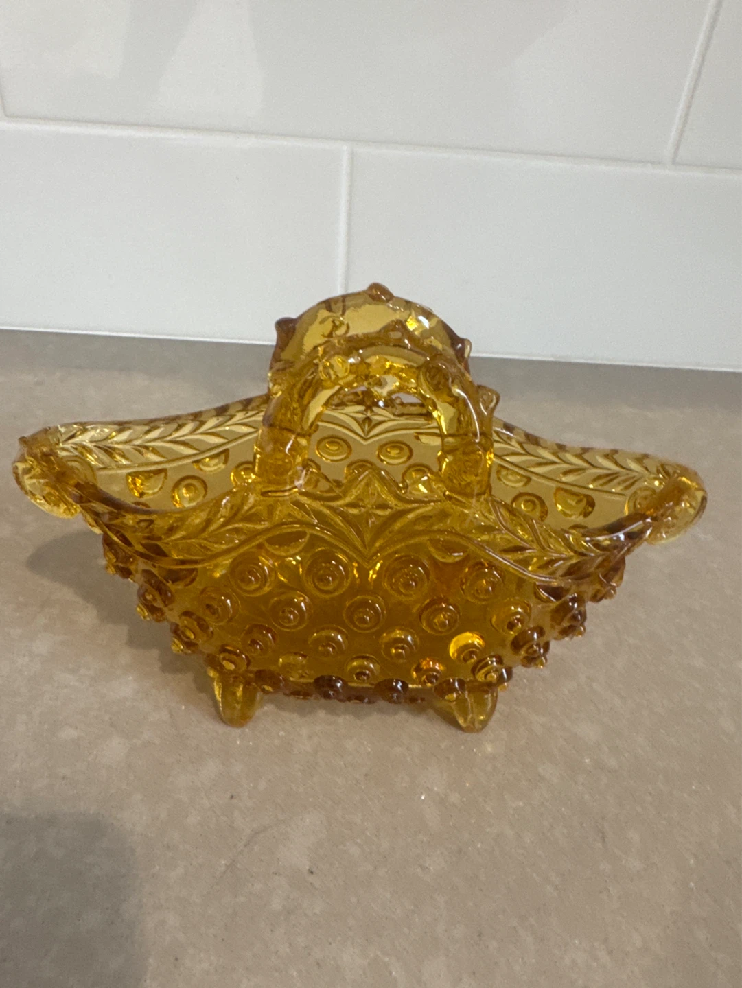 Amber Hobnail Glass Basket