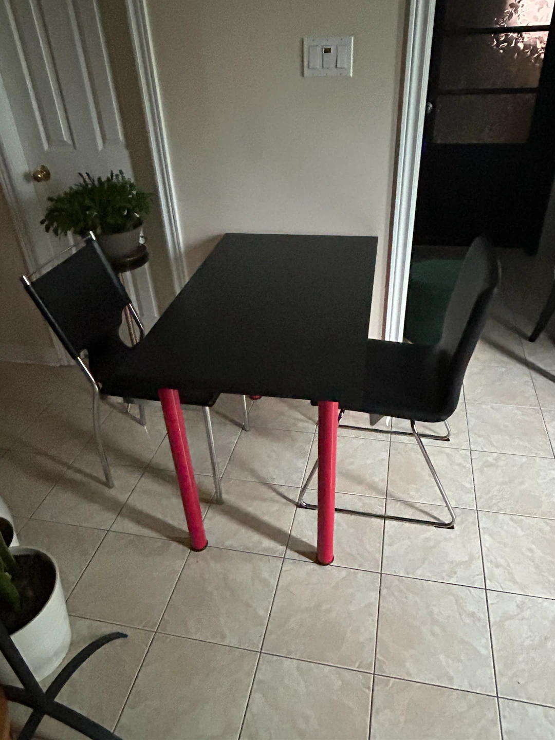 Black Dining Table with Red Legs and two moder leather chairs - photo 5