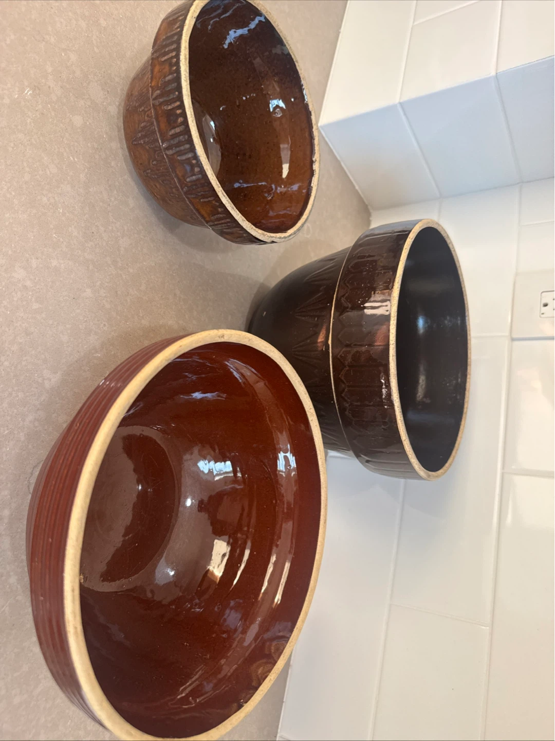 Set of 3 Brown Stoneware Mixing Bowls