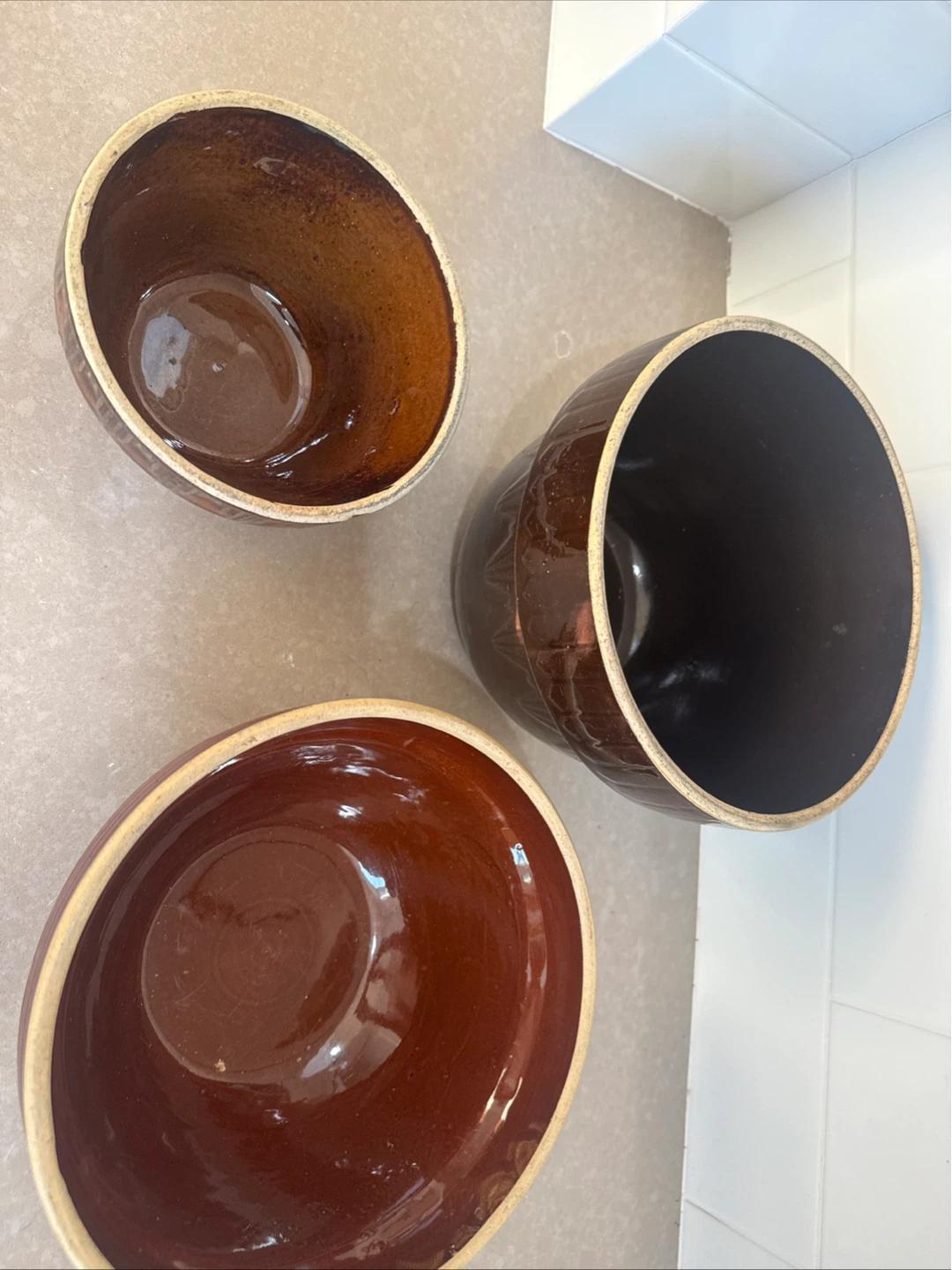 Set of 3 Brown Stoneware Mixing Bowls - photo 2