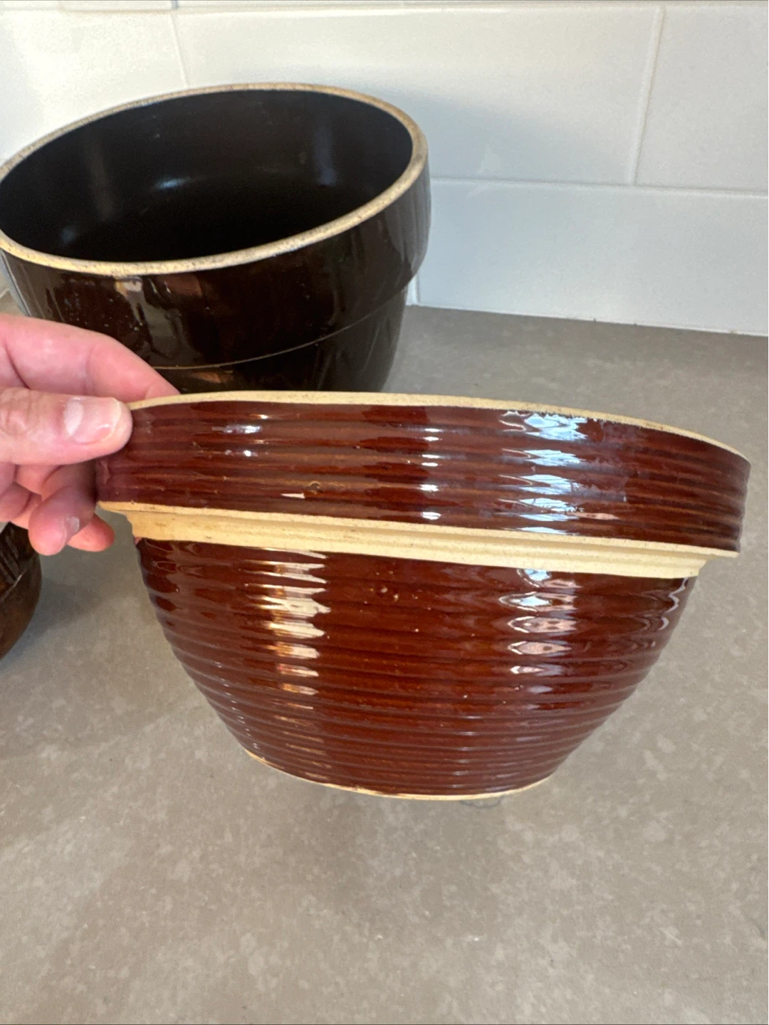 Set of 3 Brown Stoneware Mixing Bowls - photo 4