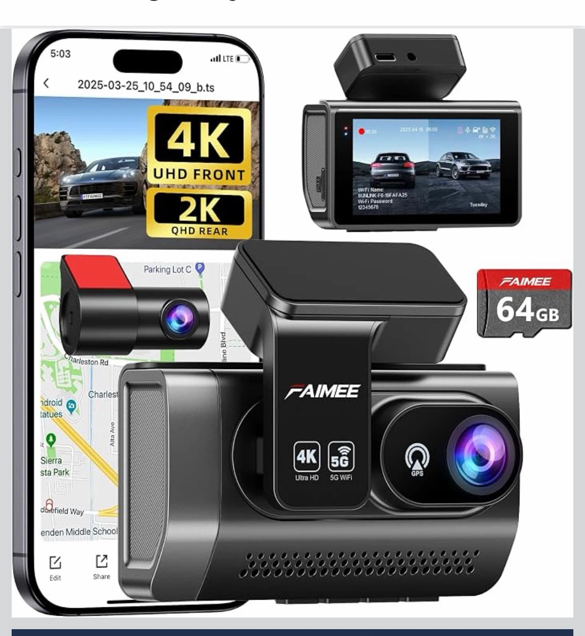 FAIMEE 4K Dash Cam Front and Rear with 64GB Card