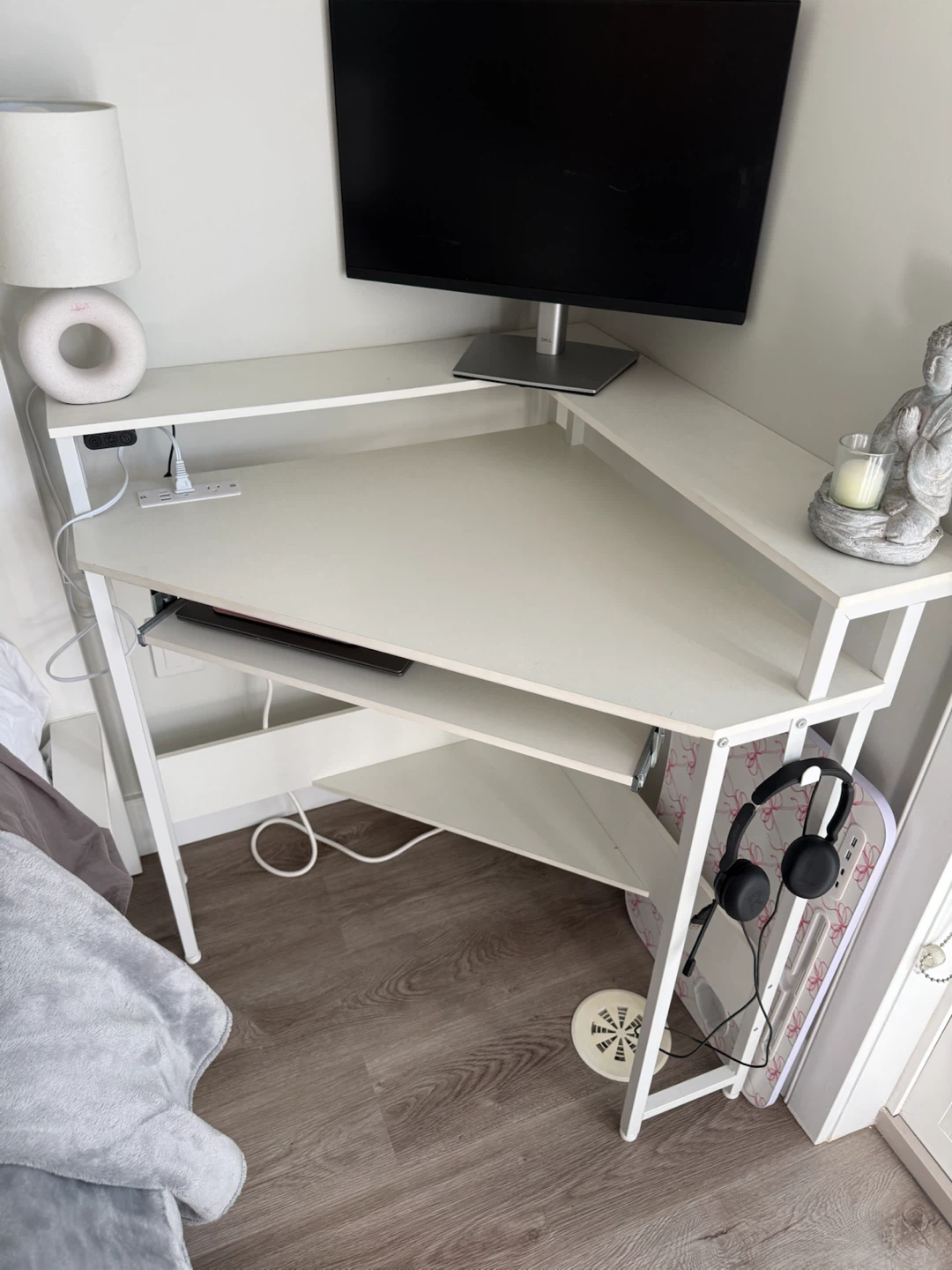 White Corner Desk with Integrated Power