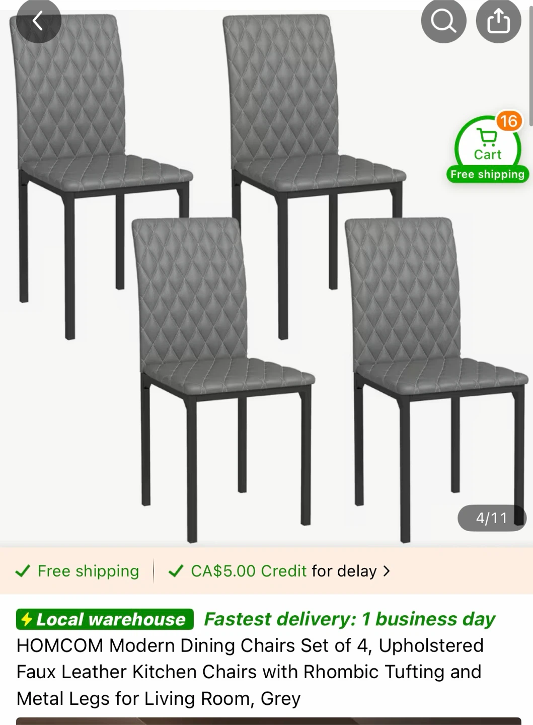 HOMCOM Grey Faux Leather Dining Chair set of 4